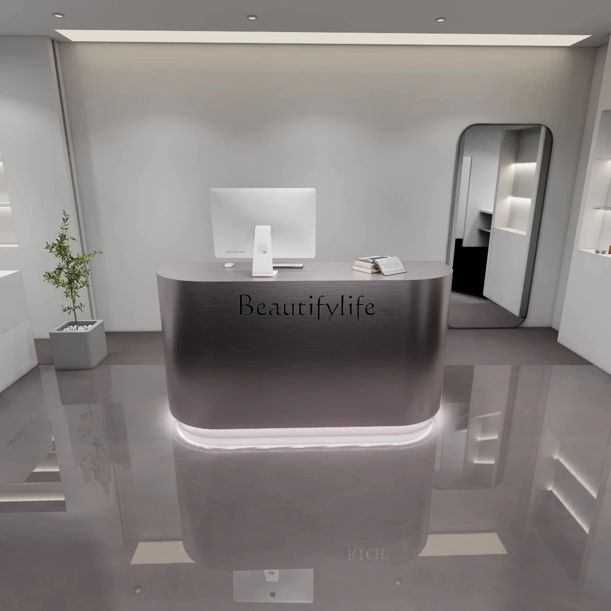 

Stainless Steel Curved Cashier Counter for Clothing Store, Small Beauty Salon, Hair Salon Reception Desk Brushed Finish