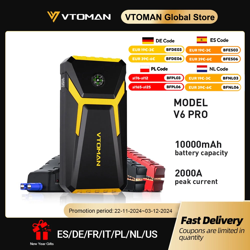 VTOMAN V6 Pro Car Jump Starter Power Bank 2000A Car Battery Charger Auto Emergency Booster Starting Device Jump Starter