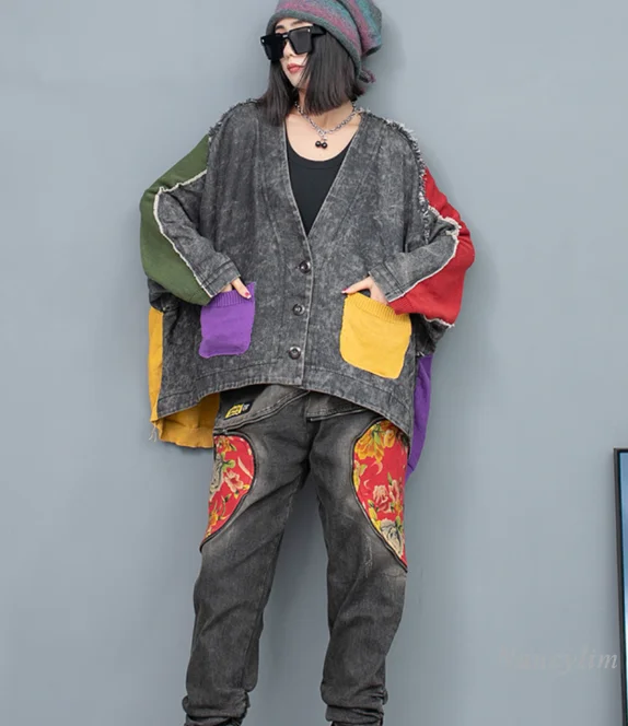 Retro Distressed Contrast Color Knitted Stitching Jeans Jacket Loose Coat 2024 Autumn Fashion Women's Oversized Coats