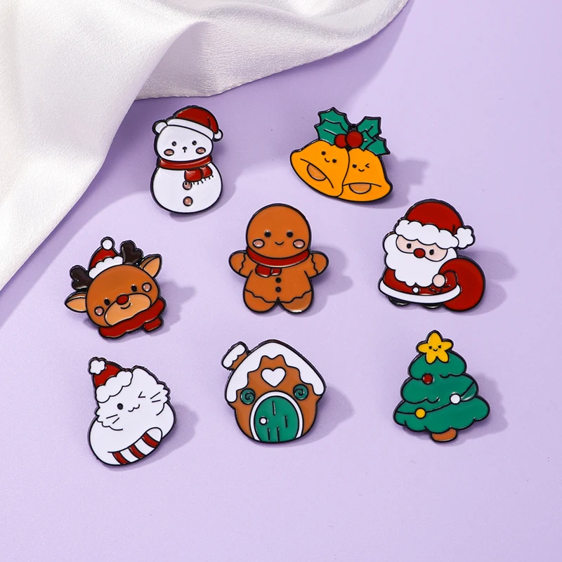 Cute Cartoon Christmas Theme Pins Jingle Bells Santa Claus Tree Snowman Reindeer Shaped Enamel Brooches Xmas Gift Wholesale