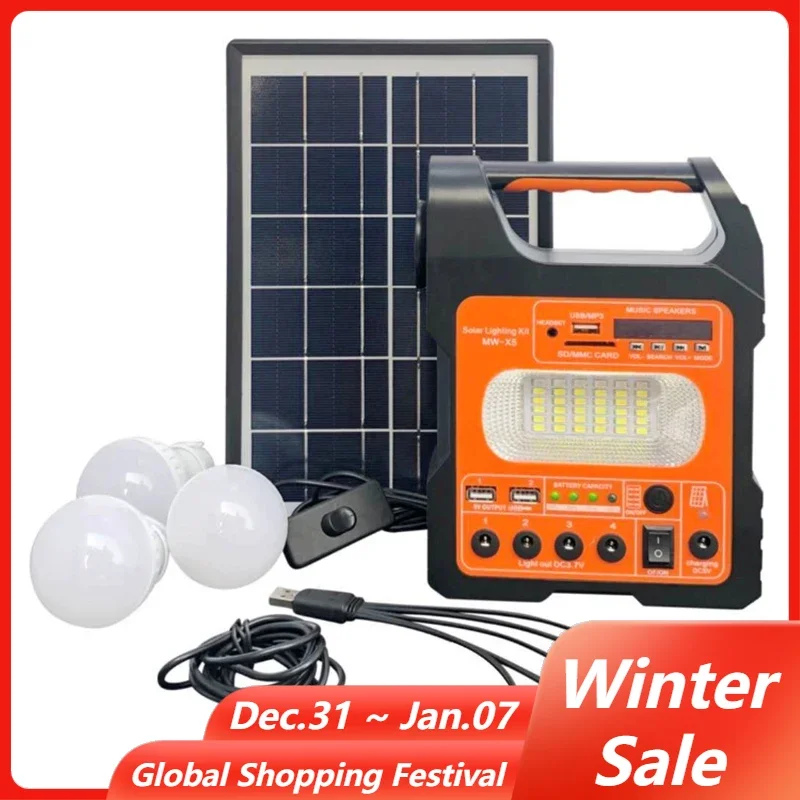 Solar Power System Portable Solar Generator Outdoor Emergency Power Supply LED Lighting with 3 Bulbs for Camping Hiking Phones