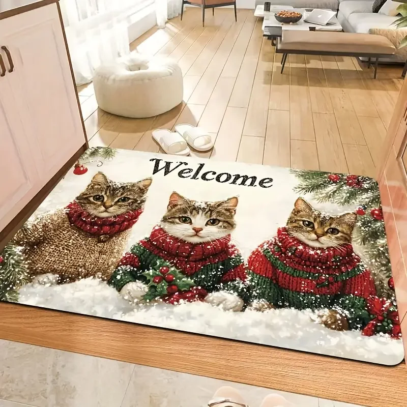 VIKAMA 3-katten kerst antislip deurmat - polyester PVC achterkant wasbaar tapijt, feestelijke woondecoratie in meerdere kamers