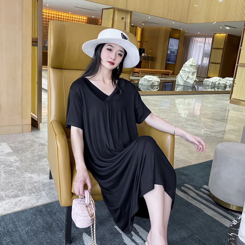 Modal A Line sleepdress Summer lightweight V-Neck Nightdress Midi Length Casual Homewear dress