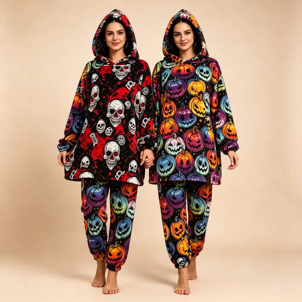 Halloween Skull Pumpkin Cosplay Costume Couple Matching Hooded Coral Fleece Pajamas Warm Cozy Nightwear Holiday Party Costume