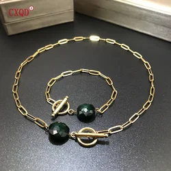 Women's Stainless Steel Necklace And Bracelet Set With Round Glass OT Choker Chain Exquisite Charm Wedding Accessory Gift