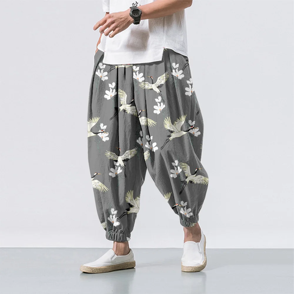 Hipster Ice Silk Satin Men's Pants Wave Crane Pattern Chinese Style Loose Trousers Smooth Satin Pants Tai Chi Beach Pants