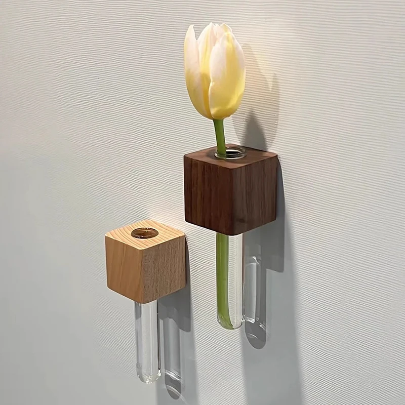 1/2pcs Wooden Magnetic Test Tube Vase Refrigerator Magnet DIY Flower Arrangement Simulation Flower Vase Home Kitchen Decoration