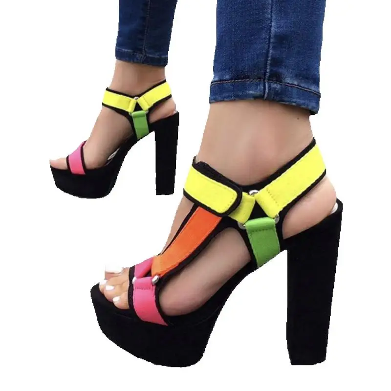 ALMUDENA Mixed Color Patchwork Chunky Heel Sandals Triangle Buckle Strap Pumps Neon Yellow Pink Multi Platform Wedding Shoes