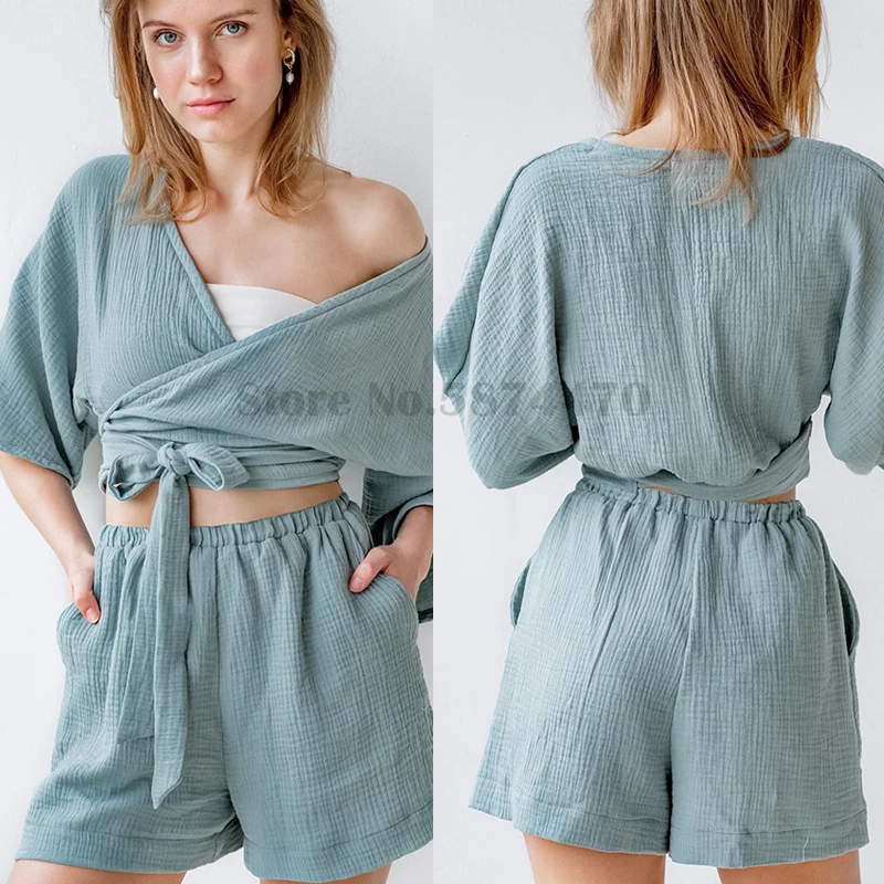 

Summer Full Gauze Short Sleeve Tops Shorts Two-Piece Pajamas Sexy V-Neck Wrap Binding Crop Pijama Set Casual Home Clothes