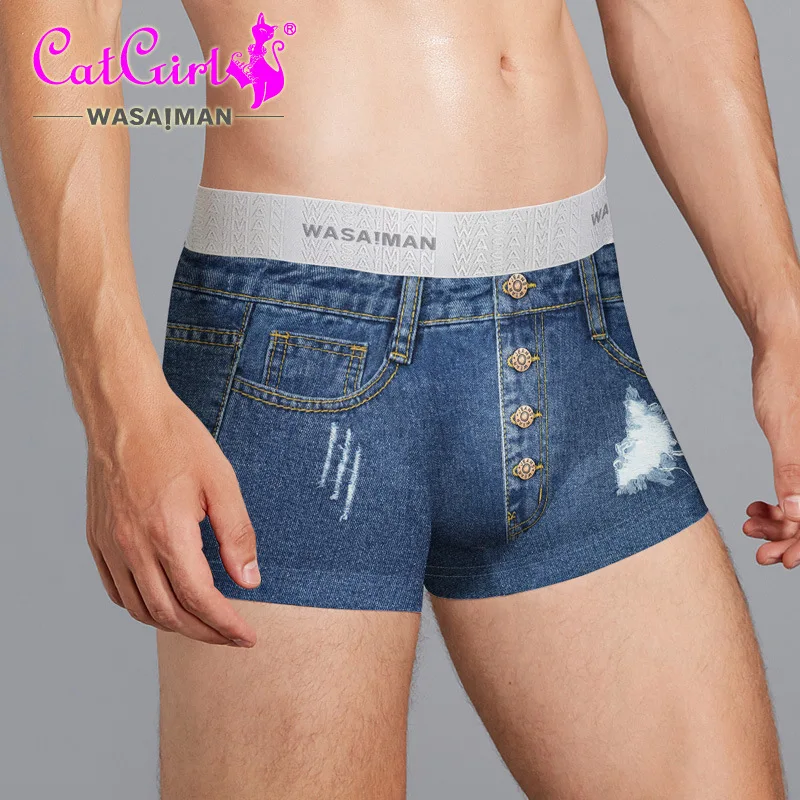 

Summer Jeans Print Men Underwears Cool Silk Elastic Sexy Briefs Seamless Shorts Bottoms Boxer Panties