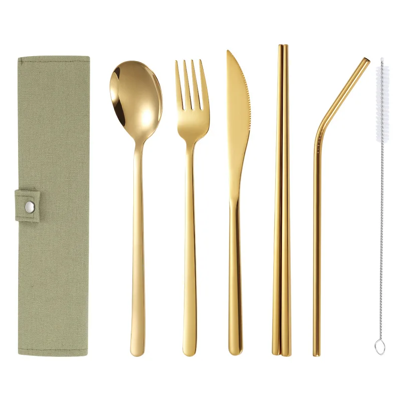 

304 Stainless Steel Tableware Sets, Portable Tableware Bag, Knife, Fork, Spoon, Chopsticks, Straw, Full Sets, 6Pcs