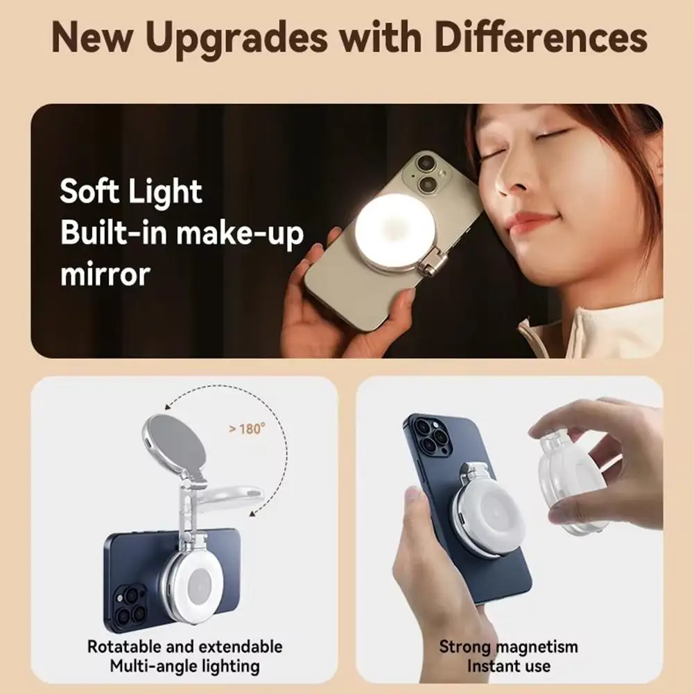 Luz de relleno magnética plegable para teléfono inteligente, Mini luz para Selfie, 3 modos de brillo ajustable, luz giratoria para fotografía, espejo de maquillaje