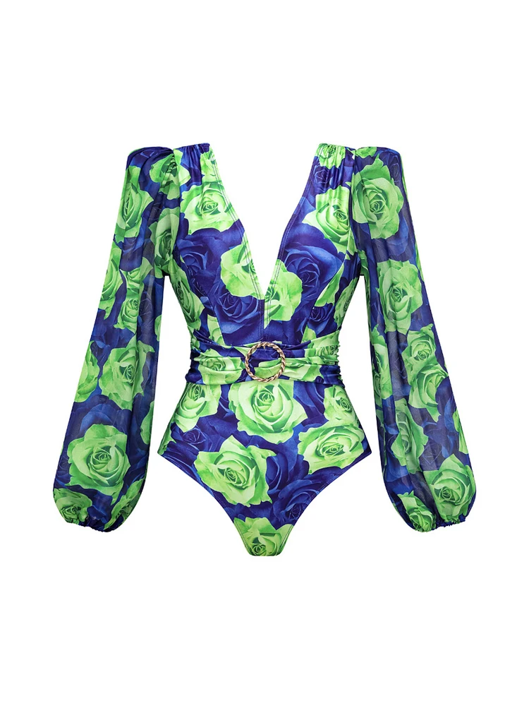 Swimwear estampado de manga comprida para mulheres, controle de barriga, decote em v profundo sexy, biquíni de cintura alta, maiô, saia para cobrir,