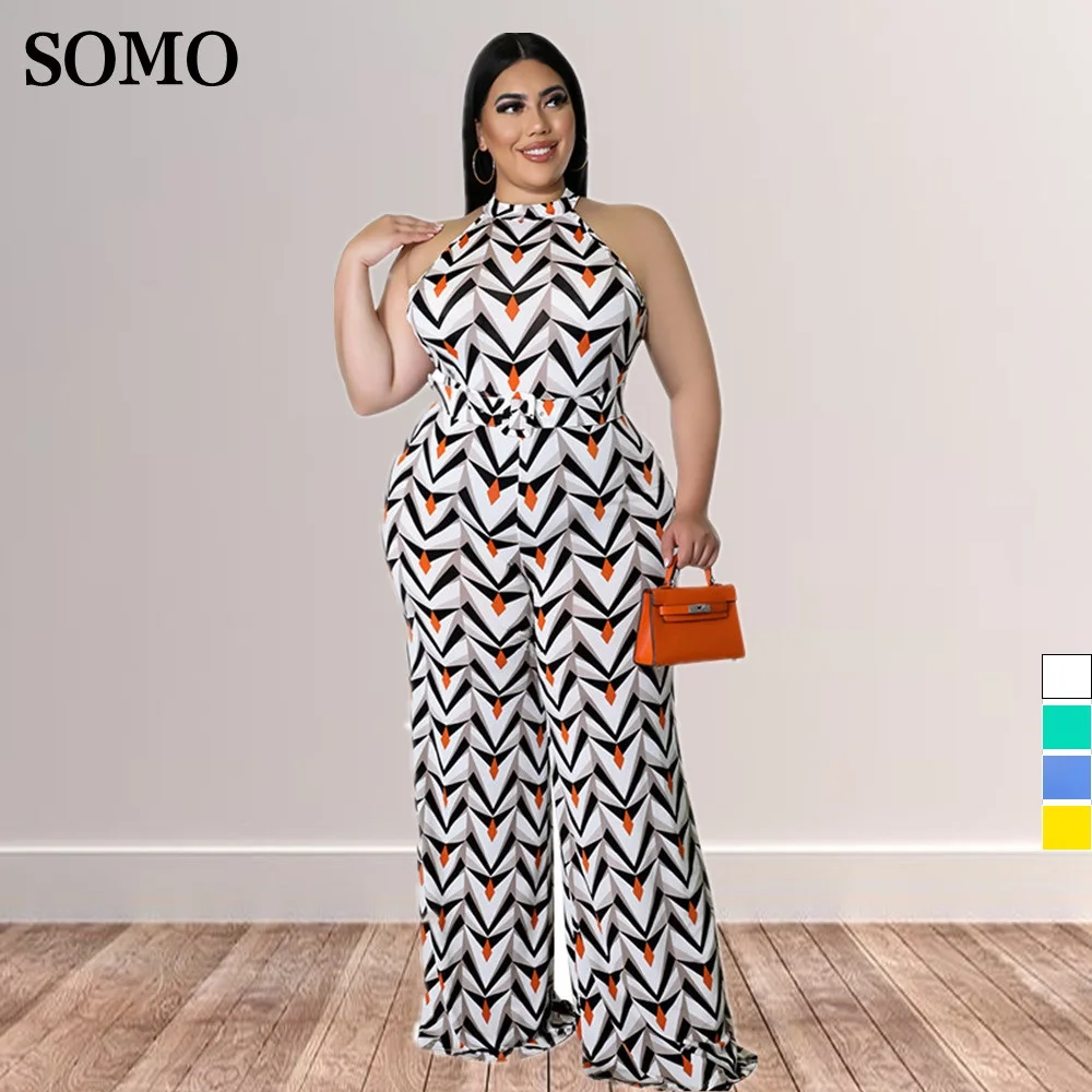 

SOMO 2022 Summer Clothes Casual Sleeveless One Piece Outfit Geometric Print Plus Size Jumpsuits for Women Wholesale Dropshipping