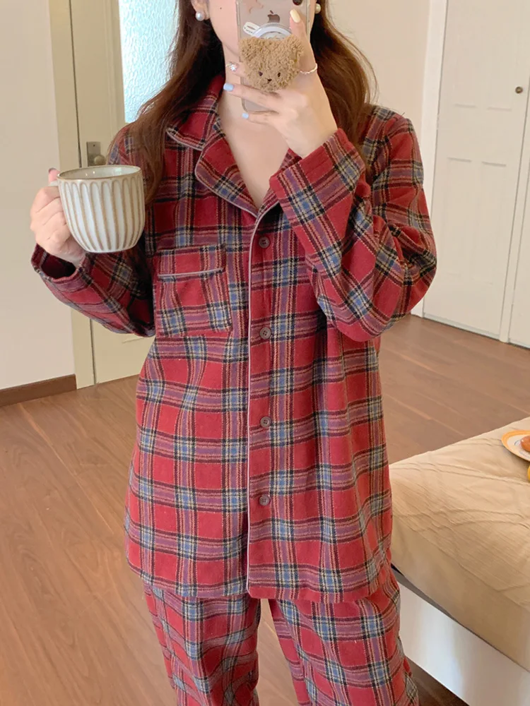 New Plaid Lazy Lovers Christmas Winter Quilted Thicken Long Sleeve Pajama Set Women Loose Simple Casual Vintage Sleep Tops Ins