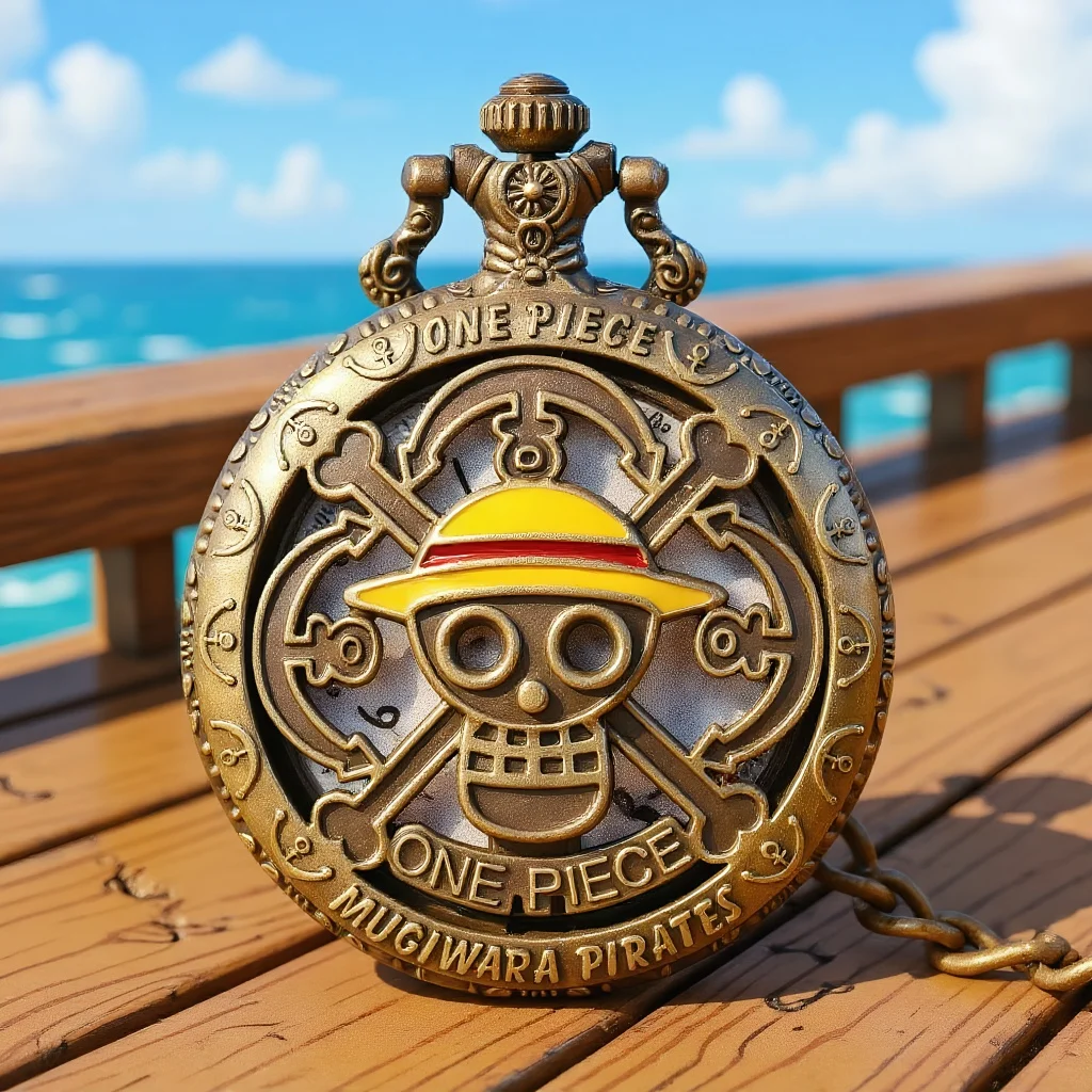 One Piece Anime Pocket Watch, Vintage Bronze Quartz Watch with Chain, Pirate Skull Flip Clock, Gift for Kids Boys Fans