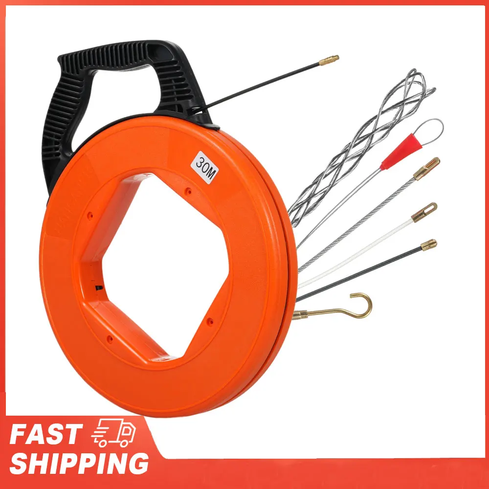 Cable Retractable Aid 30m High-Quality Retractable Spiral Including 6 Adapters Pull Wire for Empty Pipes with Shatterproof Cable