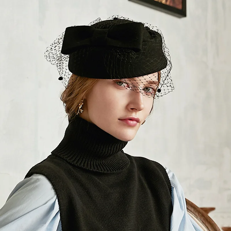 Women's Autumn Winter British Vintage Beret - 100% Wool with Tulle, Elegant Cocktail Party Hat, Influencer & Stewardess Style