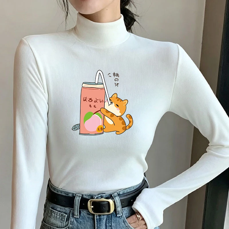Winter Women's Thermal Brushed Fleece Half Mock Neck Long Sleeve T Shirt Cat Drinking Peach Soda Can Graphic Warm Tee
