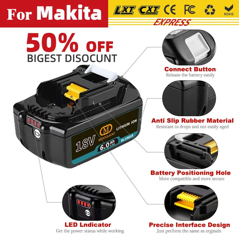 

New For Makita Rechargeable Power Tool Battery, Replaceable LED Lithium-ion 6.0 Ah 18V LXT BL1860B BL1860BL1850 BL1830 BL1840