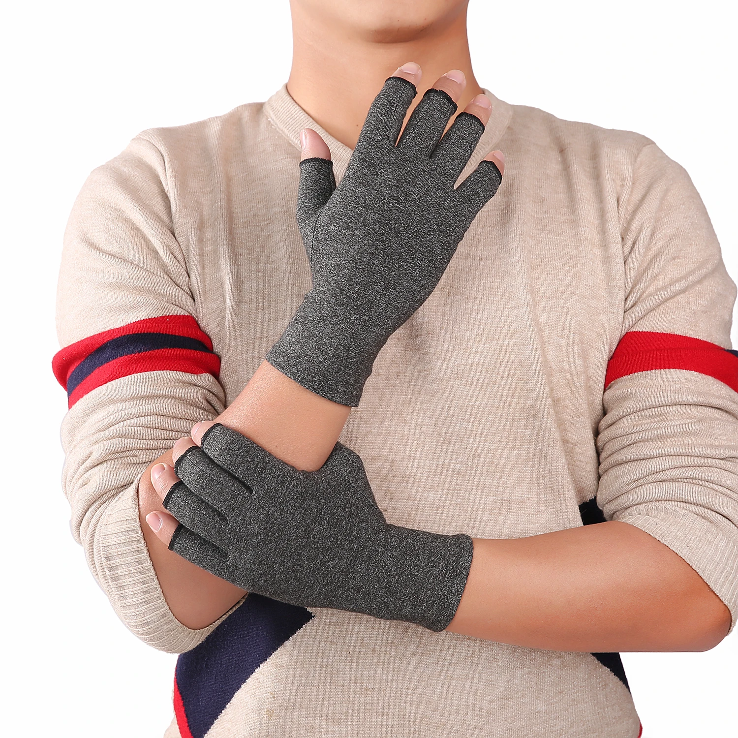 1Pair Compression Fingerless Gloves for Men Women, Non‑Slip Half‑Finger Hand Support Gloves for Computer Typing Daily Work