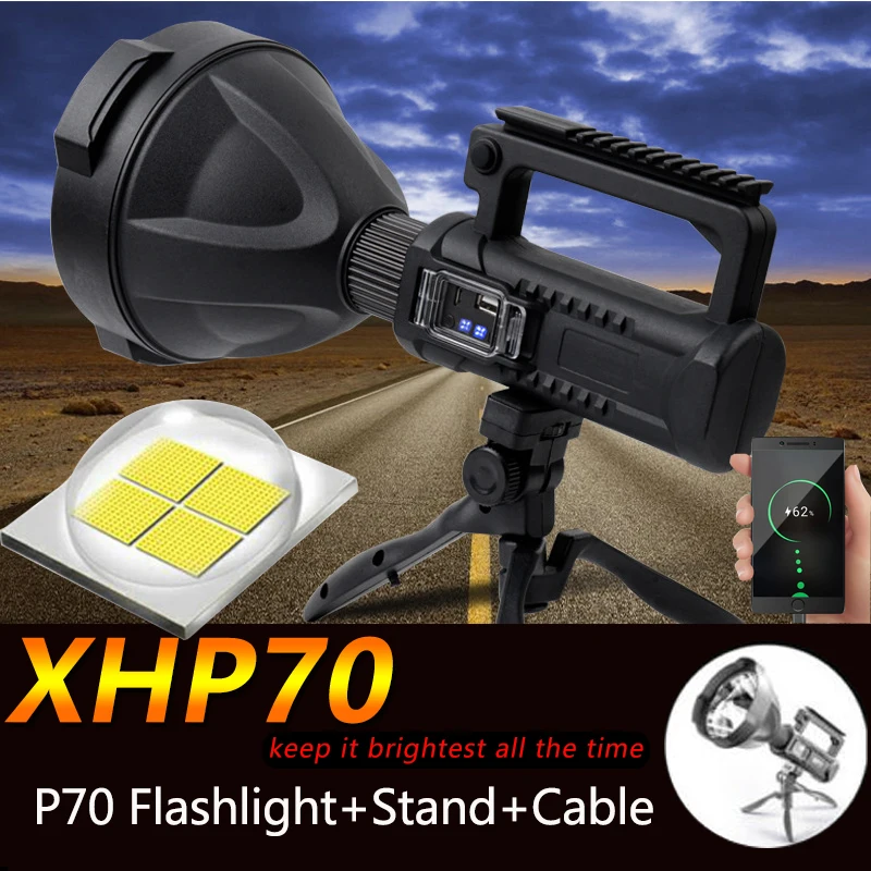 

XHP70.2 светодиодный Searchjlight, перезаряжаемый фонарик, водонепроницаемый прожектор с подставкой, монтажный кронштейн, доставка