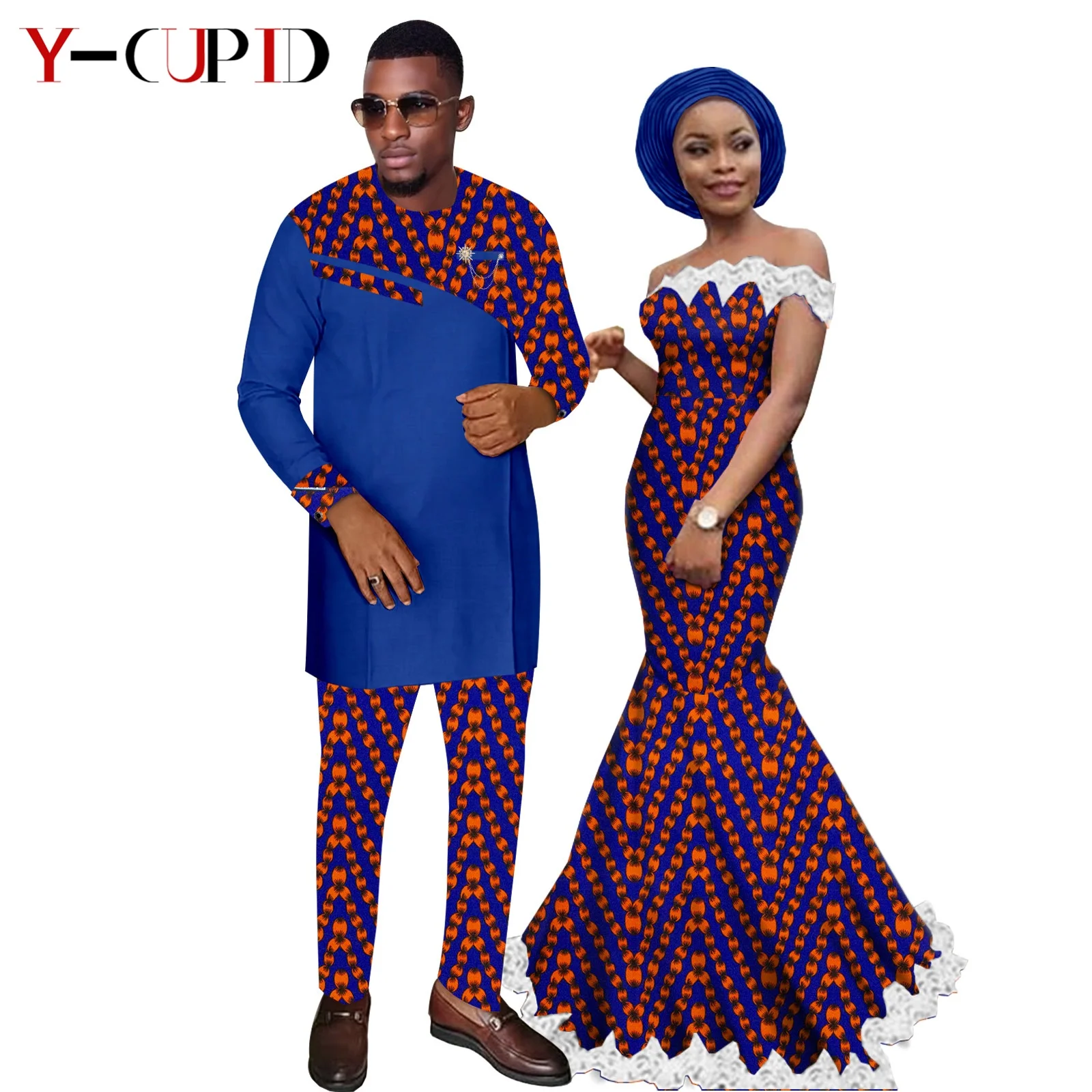 

African Print Mermaid Long Dresses for Women Matching Couple Clothes Dashiki Men Ankara Brooch Top and Pant Sets Y26C006