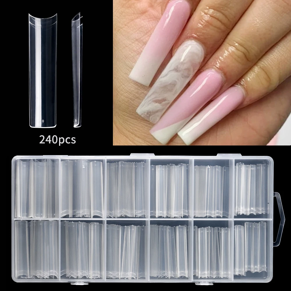 240PCS/Box NO C CURVE Clear Nail Tips for Acrylic Nails Professional 3XL Extra Long Flat Tapered Square Nail Tips 12 Sizes Half