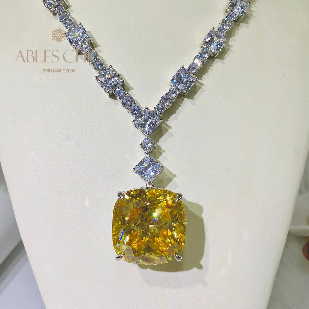 

Solid 925 Silver Simulated Citrine Iced Out Bling Necklace 5A Zircon Yellow Tourmaline Gemstone Refined Necklaces S2R1S2B0481