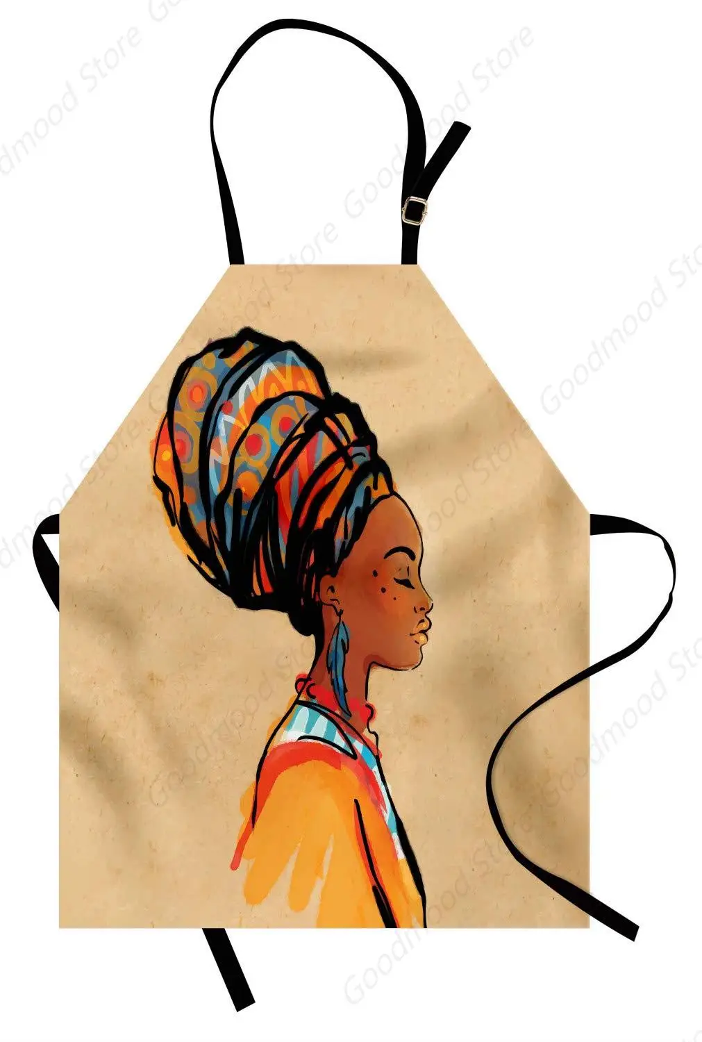 African Apron, Woman Exotic Feather Earring and Scarf Zulu Hippie Art, Unisex Kitchen Bib with Adjustable Neck for Cooking