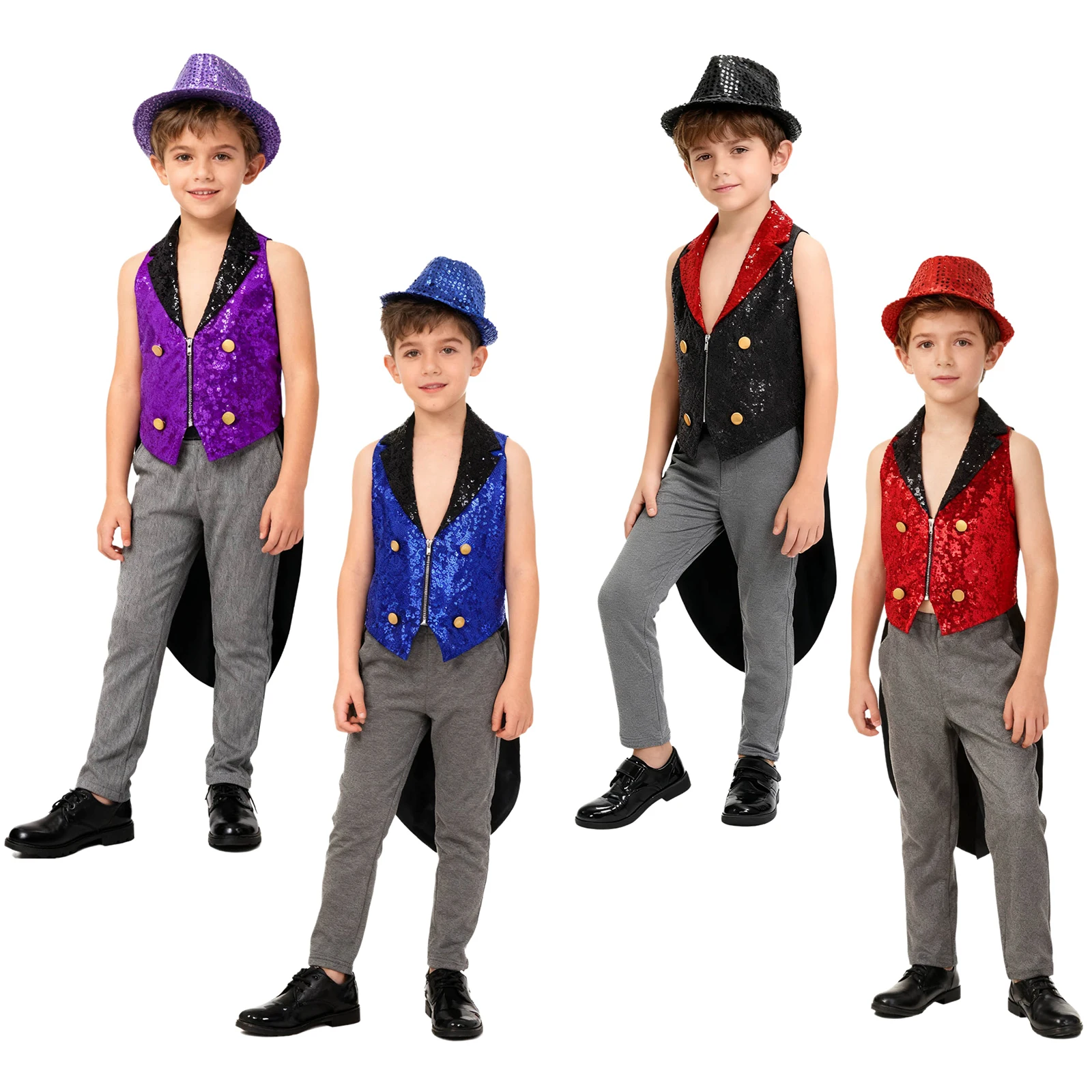 Kids Boys Sequins Blazer Tuxedo Coat Circus Ringmaster Magic Shows Halloween Carnival Cosplay Performance Costume And Fedora Hat