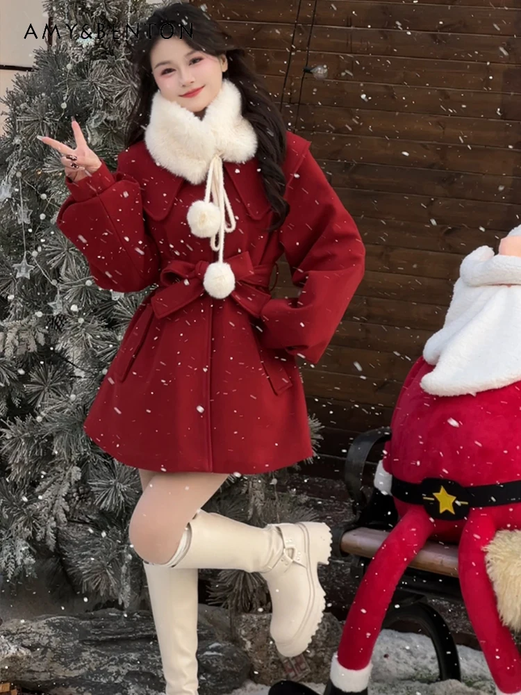

Christmas Red Slim Fit Short Lace-up Dress Autumn Winter New Hot Sale French Thick Style Black Waist-cinching Woolen Coat
