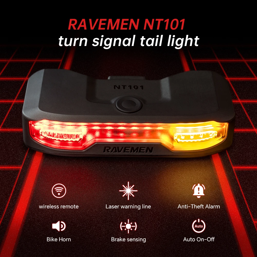 

RAVEMEN Bike Turn Signals Rear Light Bicycle Wireless Taillight Horn NT101 Anti-Theft Vibration Alarm Auto On-Off Brake Sensor