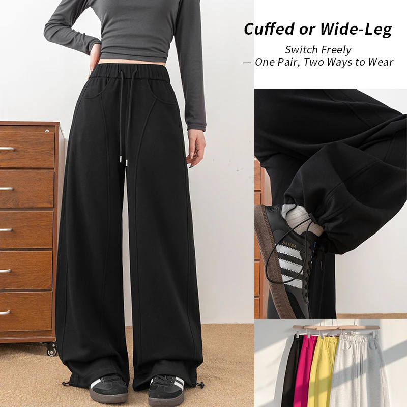 Women's Autumn Loose Cuffed Sweatpants Cotton Drawstring Elastic Waist Cuffed Harem Pants Curved Cut Wide Leg Pants Black Casual