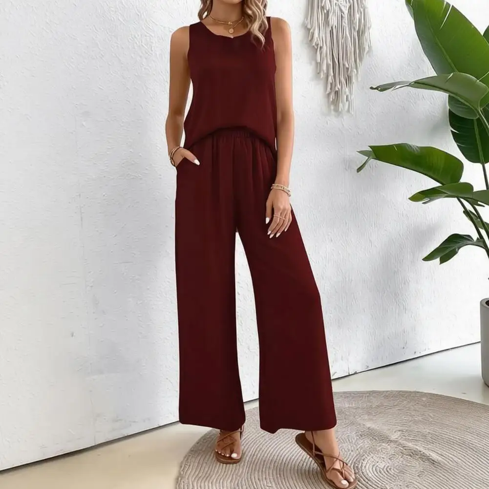 

Summer Women's Set Casual Fashion TemperamentSolid Color Back Hollow Flower Tank Top And Wide Leg Pants Set Beach Vacation Suit