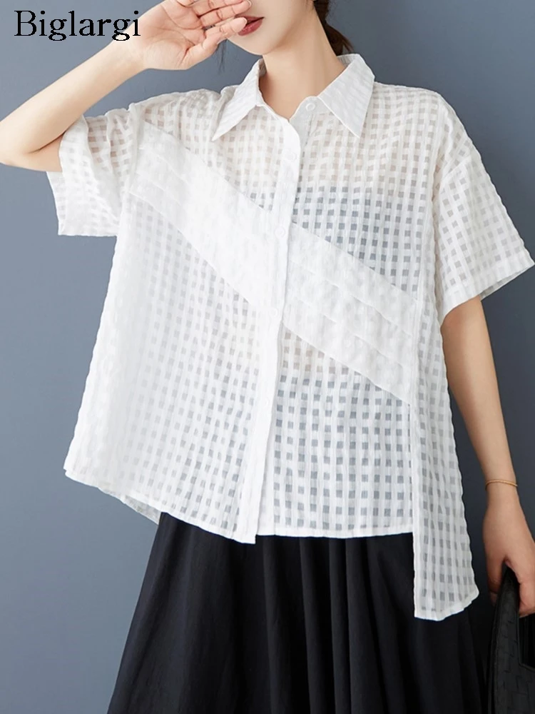 

oversized plaid short sleeve shirt blouse women new fashion irregular blouses laides shirts casual loose woman white shirt 2026