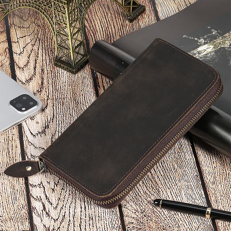 Crazy Horse Genuine Leather Men Wallet Vintage Cow Leather Wallet for Male Clutch Bag Multi-Pocket RFID Blocking Purse Money Bag