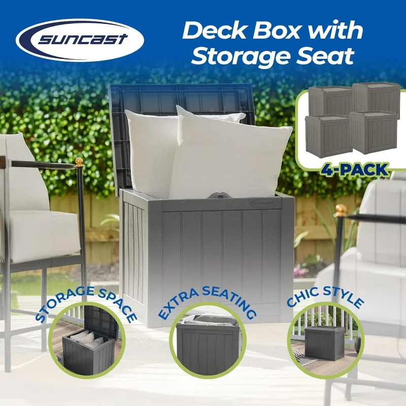 22 Gallon Indoor or Outdoor Backyard Patio Small Storage Deck Box with Attractive Bench Seat and Reinforced Lid, Stone (4 Pack)