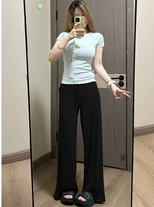 

Широкие брюки для женщин, эластичные женские весенние женские брюки на шнуровке, милые складки с контролем живота, молодежная эластичность, простая