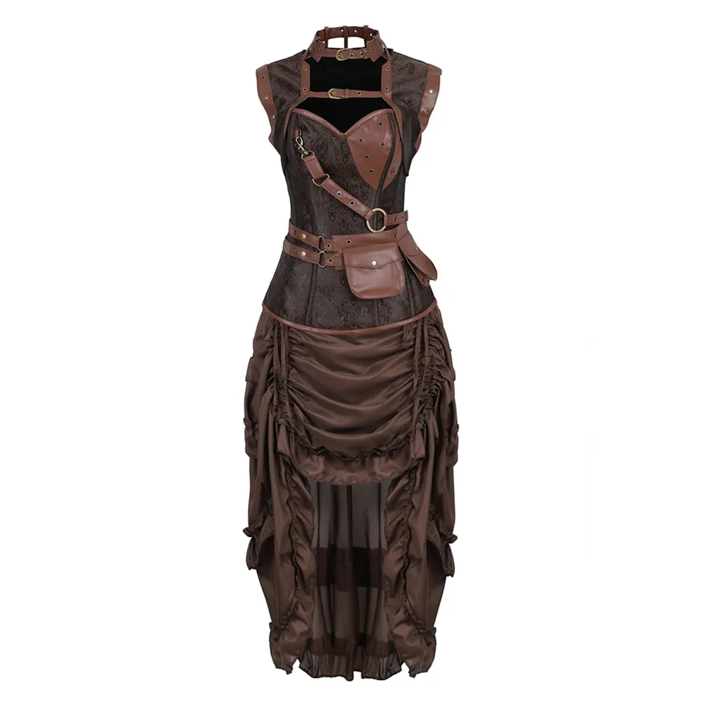 

Women Steampunk Corset Dress Gothic Corsets Bustiers Lingerie Top With Burlesque Pirate Skirt Sets Halloween Costume S-6XL Brown