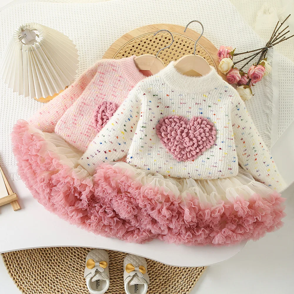 Girls Dresses Clothes Sets Autumn Winter Children Knitted Sweaters Coats Tutu Skirts 2pcs Party Suit For Baby Costume Kid Outfit