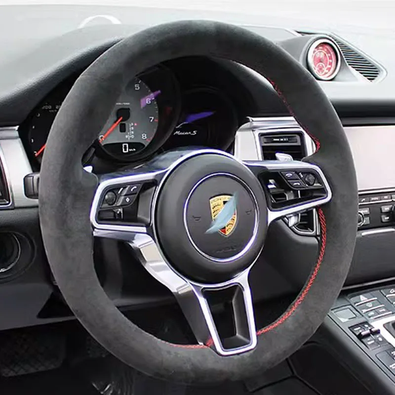 hand-stitched Wine red genuine Leather non-slip car steering wheel cover for Porsche Taycan Cayenne Macan Panamera 718 911