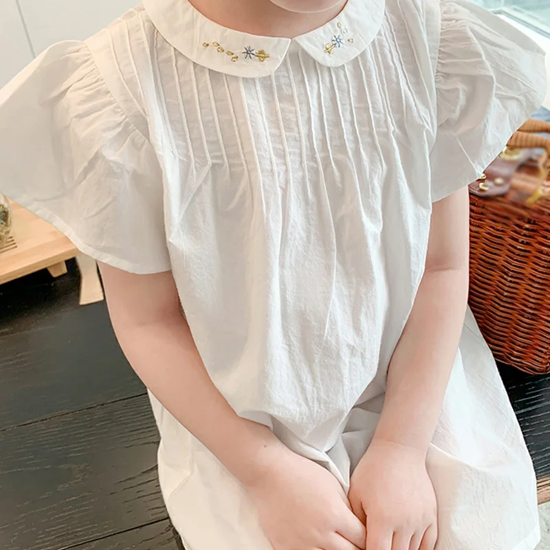 New Girls Simple Princess Dress Kids Summer Embroidered Small Neckline Short Sleeve Casual Girl Dresses