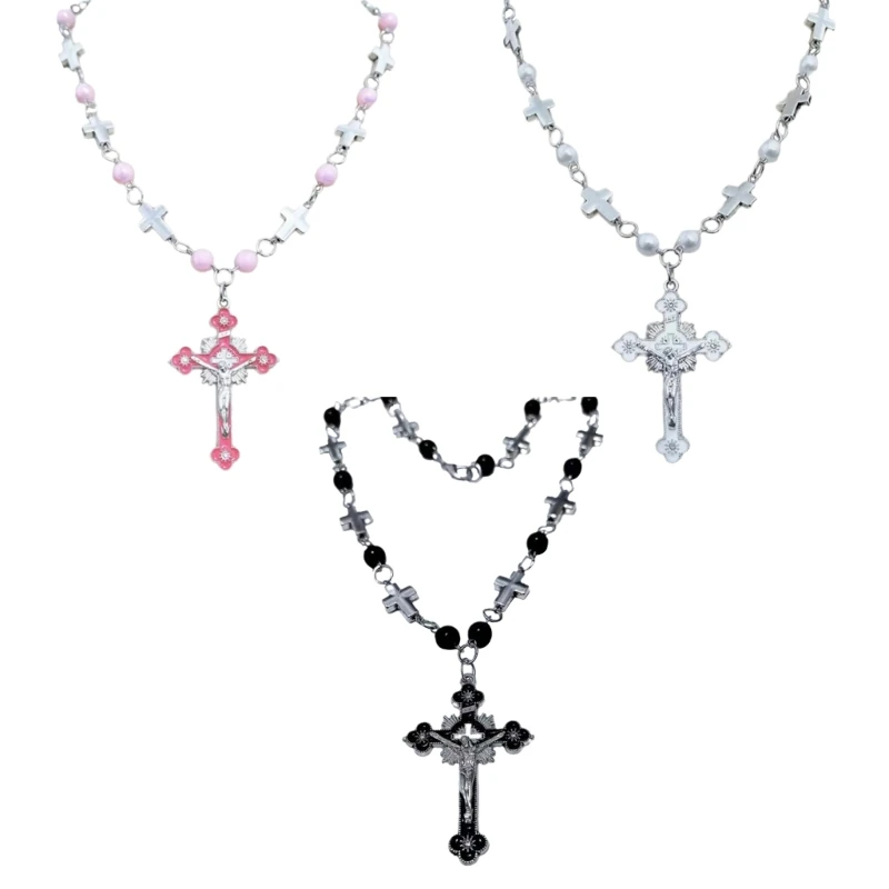 Handmade Pearls Bead Rosary Necklace for Womens Man Crucifix Cross Pendant Clavicle Chain Religious Prayer Jewelry Gift