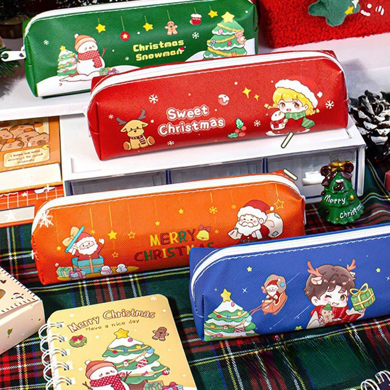 Christmas Cartoon PU Leather Pencil Bag Cute Christmas Gift Pencil Case School Stationery Storage Bag School Supplies