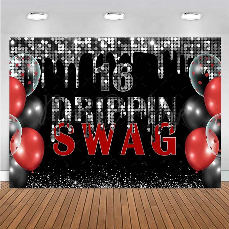 Drippin Swag 16 Birthday Backdrop Silver Red Black Hip Hop Birthday Party Decoration Teenager Boy Man Swag Birthday Background