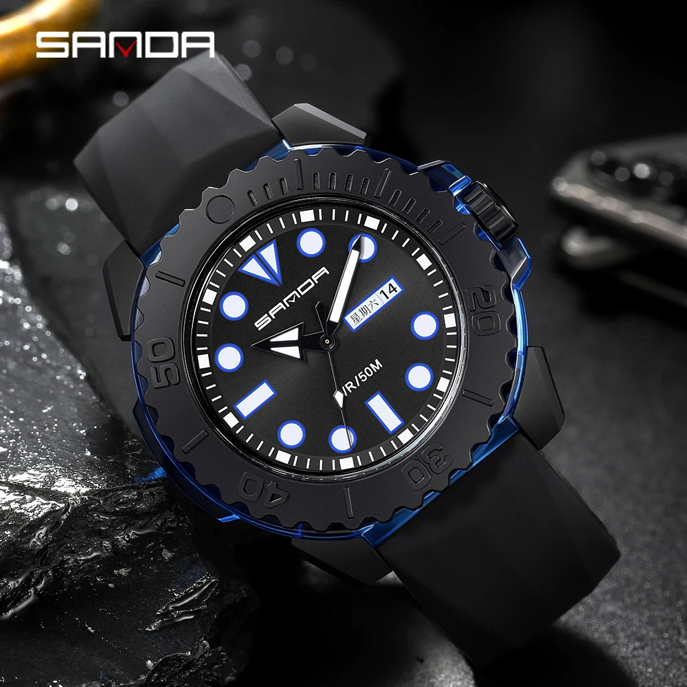 SANDA Casual Fashion Mens Quartz Wrist Watch Silicone Strap Weekly Calendar Display 2023 Fashion New Men Watch Reloj Hombre 3118