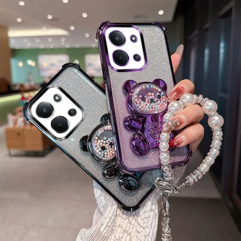 Niedliche Bären-Cartoon-Hülle mit Perlen-Lanyard-Riemen, stoßfeste Glitzer-Handyhülle für Xiaomi Redmi 15C EUR Global Poco C85 Rückseite.