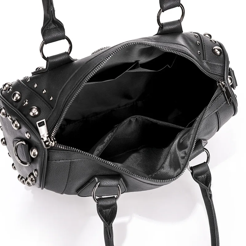 Trendy Metal Skull Studded Black Handbags Gothic Rivet Womens Purse Satchel Handbag Shoulder Bags Large Capacity