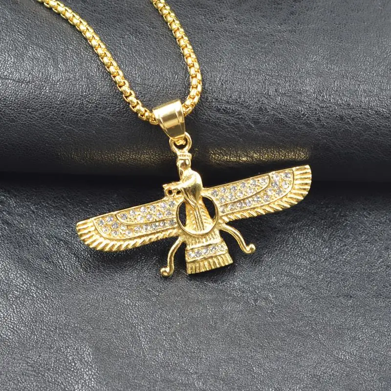 Gold color Ahura Mazda Farvahar Zoroastrian Persian stainless steel pendant necklace accept drop shipping